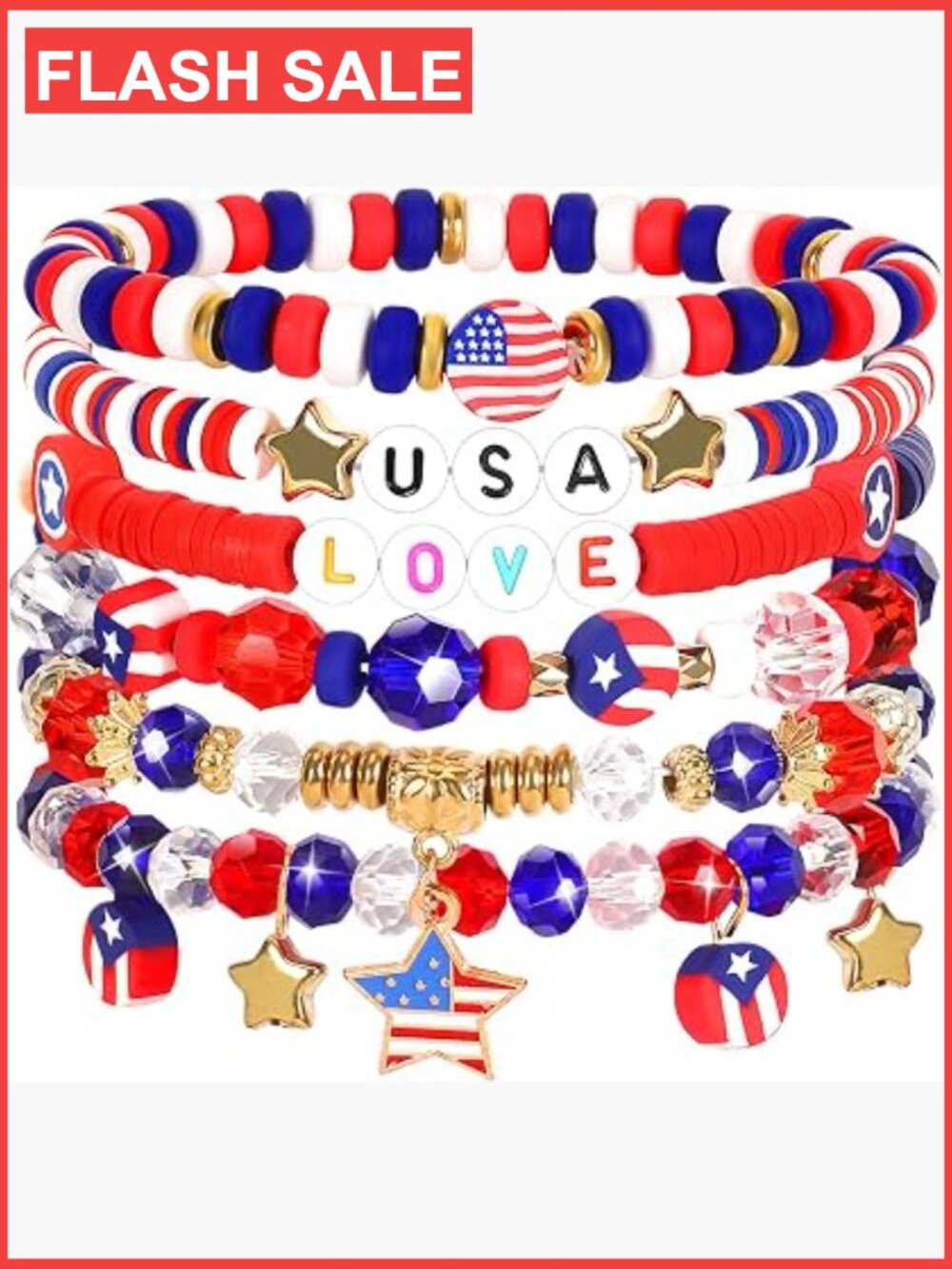 6 Patriotic Bracelets, 4th of July American Flag Jewelry Memorial Day Wristbands